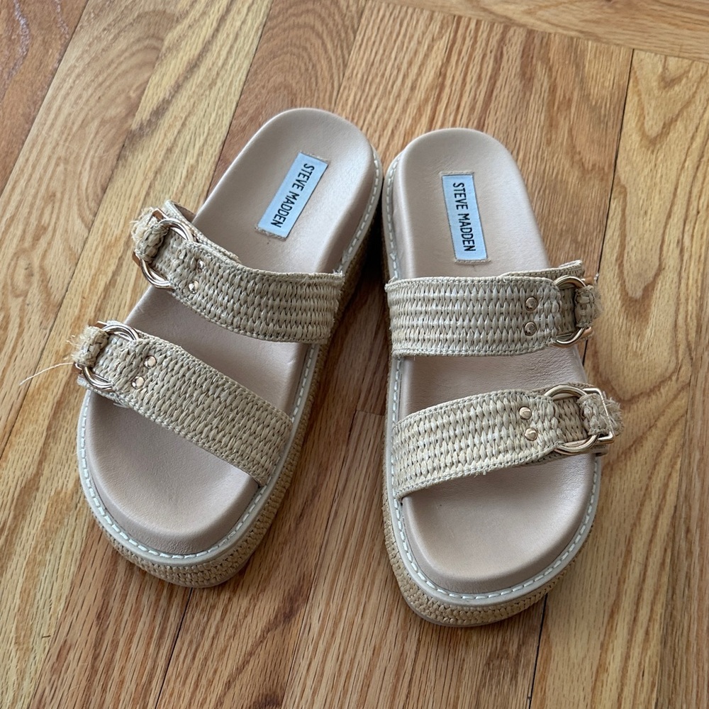 Steve Madden Neutral Woven Double-Strap Platform Sandals